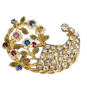 Weiss Gold Tone Flower Clear Rhinestone Enamel Cornucopia Brooch Pin, K380
